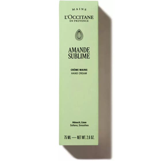 L'Occitane Almond Delicious Hands 75 ml mjukgörande handkräm i en ljusgrön ytterförpackning för smidiga händer.