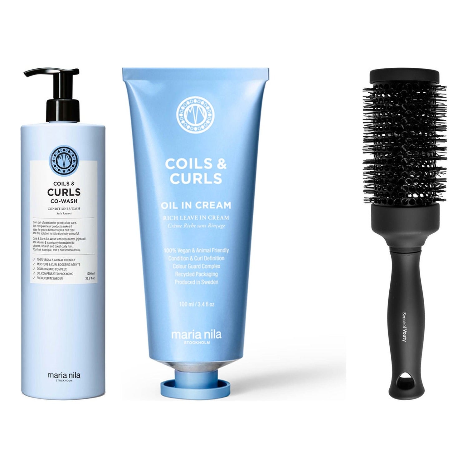 Maria Nila Curl Care & Styling Essentials Co-Wash 1000 Ml, Oil In Cream 100 ml & Blowout Brush