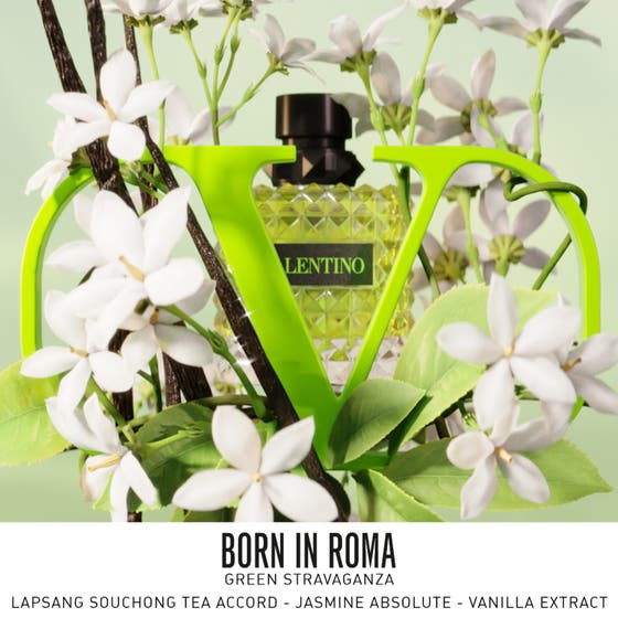 Valentino Born in Roma Donna Green Stravaganza EdP 30 ml dameduft innrammet av en grønn V og sjasminblomster
