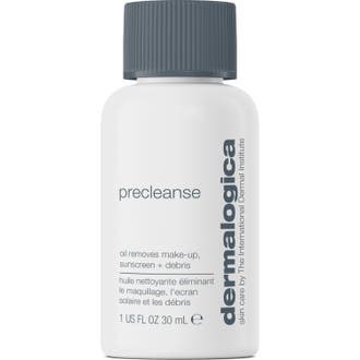 Dermalogica Precleanse 30 ml renseolje som fjerner sminke i en hvit plastflaske med grått rillet lokk.