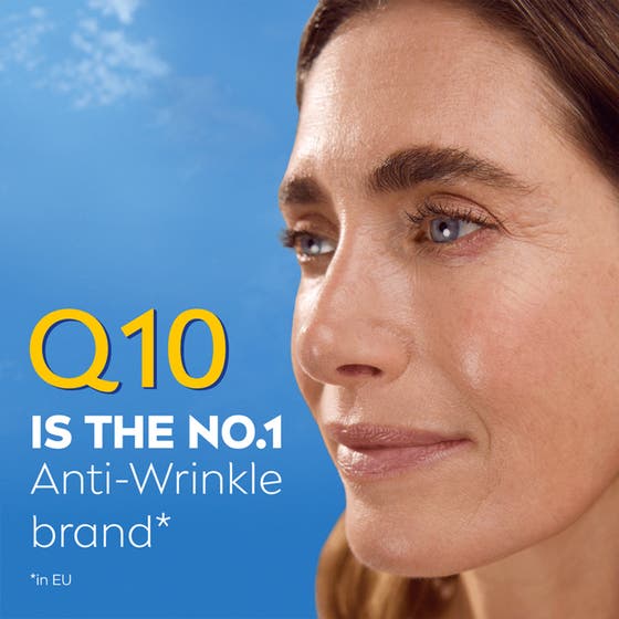 NIVEA Q10 Collagen Expert 50 ml rynkreducerande ansiktskräm visar kvinna och texten No.1 Anti-Wrinkle brand