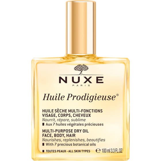 Nuxe Huile Prodigieuse 100 ml pleiende tørrolje i firkantet glassflaske med gullfarget spraykork