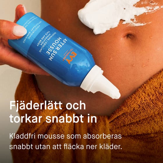 EVY Technology After Sun Mousse 150 ml gir 12 timers intens fuktighet vist med kvinne i varmt sollys.