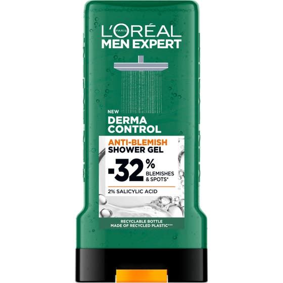 L'Oréal Men Expert Derma Control Anti-Blemish Shower Gel i grön flaska motverkar orenheter med 2% salicylsyra.