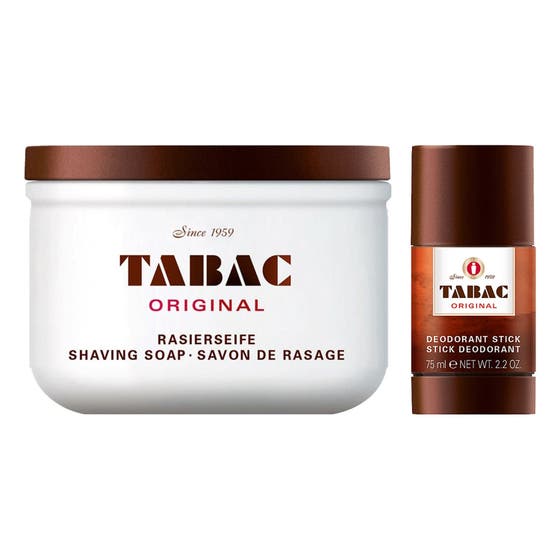 Tabac Original Shaving Soap och Deodorant Stick 75 ml för herrar i vit porslinsburk och brun hylsa.