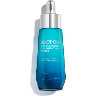 Biotherm Life Plankton Regenerating Serum 50 ml i blå glassflaske med sølvfarget pipette som gir huden ny glød
