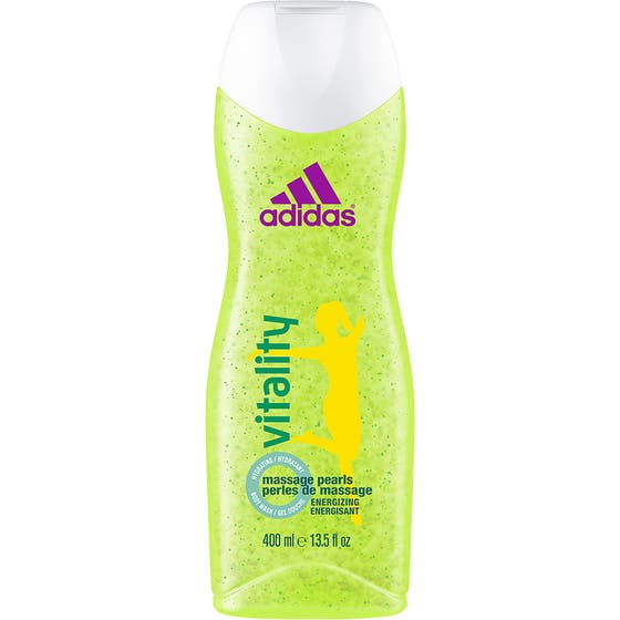 Adidas Vitality 400 ml energisk body wash med massagepärlor i limegrön gel förpackad i en genomskinlig plastflaska.
