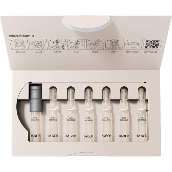 Babor Ampoule SOS Calming 14 ml beroligende ansiktsserum i åpen eske med syv glassampuller
