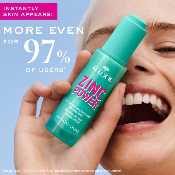Nuxe Zinc Power 30 ml epäpuhtauksia vähentävä seerumi turkoosissa pullossa ja pipetti pisaralla.