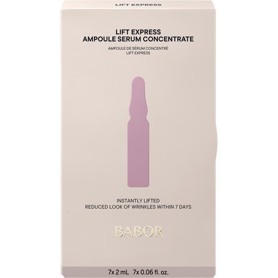 Babor Ampoule Lift Express 14 ml opstrammende serum i beige æske med lilla ampulillustration der giver glattere hud