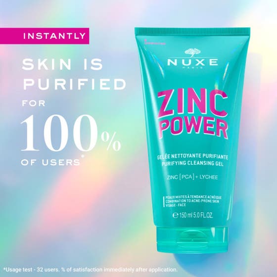 Nuxe Zinc Power Purifying Cleansing Gel 150 ml puhdistava kasvojenpuhdistusgeeli turkoosissa tuubissa sinkillä ja litsillä.