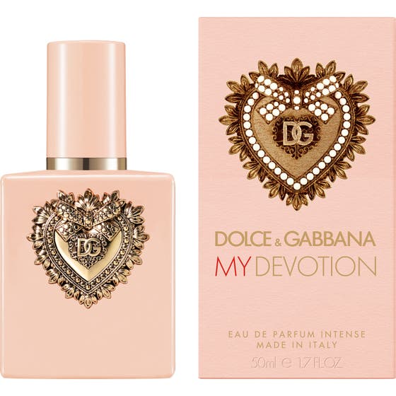 Dolce & Gabbana My Devotion Intense 50 ml damparfym i ljusrosa flaska och box prydd med ett detaljerat guldhjärta