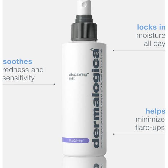 Dermalogica UltraCalming Mist 177 ml beroligende ansiktsspray i hvit flaske som demper rødhet og låser inn fukt