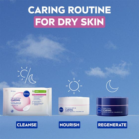 NIVEA Gentle Cleansing Wipes 25 stk sminkeservietter med smilende kvinde og tekst om plantebaserede servietter