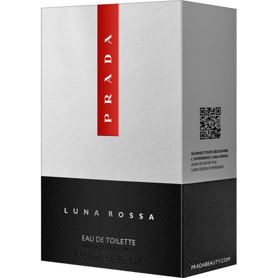 Prada Luna Rossa Eau De Toilette 50 ml herrparfym i silver och svart ytterförpackning med röd detalj
