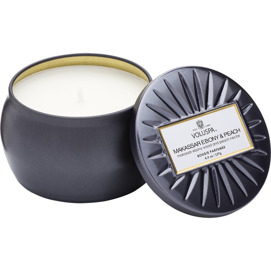 Voluspa Vermeil Makassar Ebony & Peach Decorative Tin Candle 127