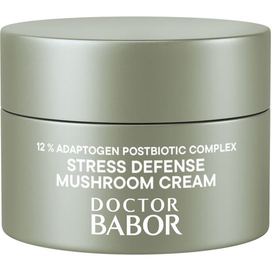 Doctor Babor Cleanformance Stress Defense Mushroom Cream 50 ml beroligende ansiktskrem i frostet glasskrukke med grønt lokk