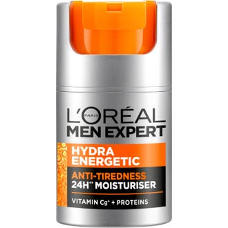 L'Oréal Men Expert Hydra Energetic ansiktskrem med vitamin C gir energi i en sølvfarget pumpeflaske med oransje topp.