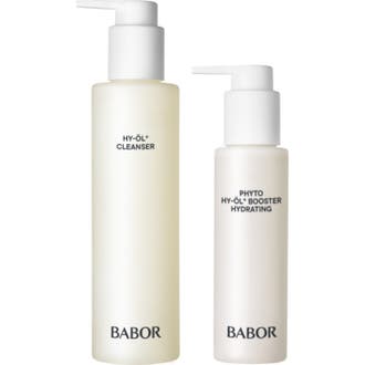 Babor HY-ÖL Cleanser ja Phyto Booster Hydrating puhdistussetti kaksi valkoista pumppupulloa kosteuttavat ihoa.
