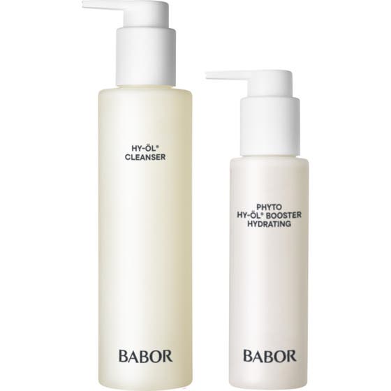 Babor HY-ÖL Cleanser ja Phyto Booster Hydrating puhdistussetti kaksi valkoista pumppupulloa kosteuttavat ihoa.