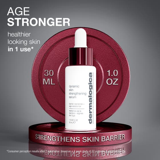 Dermalogica Dynamic Skin Strengthening Serum 30 ml styrkende serum på kvinne med tekst om klinisk bevist fuktighet.