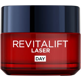 L'Oréal Paris Revitalift Laser Day 50 ml anti-age dagcreme i en rød glaskrukke med et mørkeblåt metallisk låg.