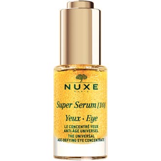 Nuxe super serum ögon 15ml anti-rynk ögonserum i glasflaska med guldlock fylld av gyllene mikrokapslar