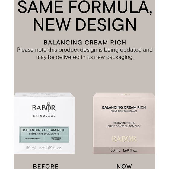 Babor Balancing Cream rich 50 ml balanserende ansiktskrem i frostet glasskrukke på moderne geometriske podier.