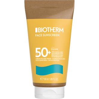 Biotherm Waterlover Face Sunscreen 50 ml solkrem ansikt gir SPF 50 beskyttelse i gul tube med brun topp og hvit kork