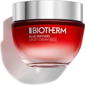 Biotherm Blue Peptides Uplift Cream Rich 50ml fasthetsgivende dagkrem i rød glasskrukke med sølvlokk