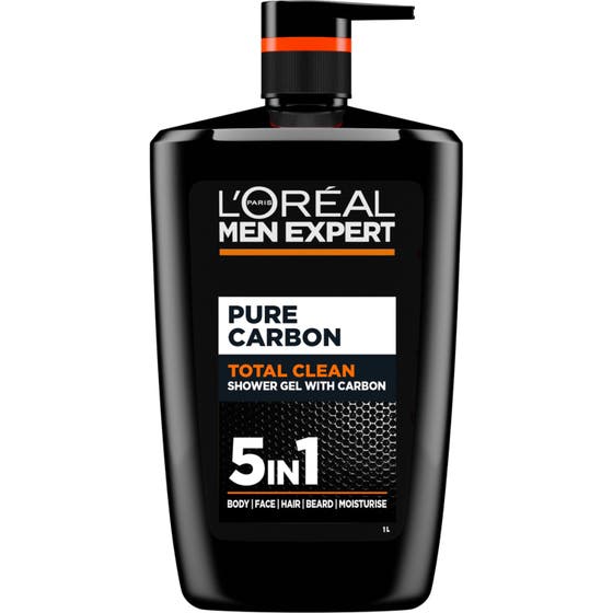 L’Oréal Men Expert Total Clean 1000 ml carbon duschgel för män 5 i 1 i stor svart plastflaska med praktisk pump