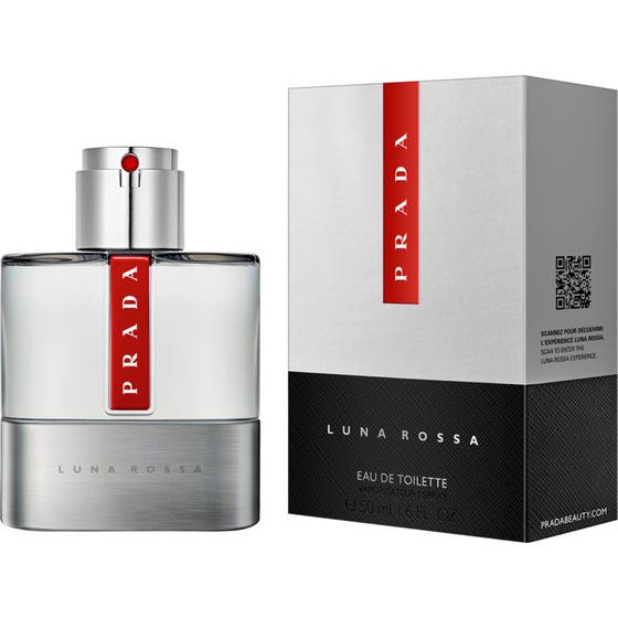 Prada Luna Rossa Eau De Toilette 50 ml herrparfym i silverflaska med röd logotyp och matchande förpackning