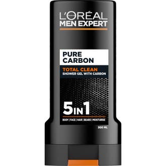L'Oréal Men Expert Pure Carbon Total Clean 300ml rensende dusjsåpe i svart flaske med grafikk og oransje detalj