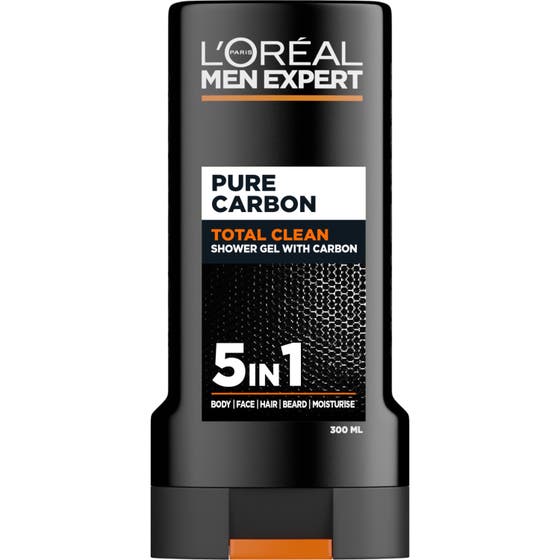 L'Oréal Men Expert Pure Carbon Total Clean 300ml rensende dusjsåpe i svart flaske med grafikk og oransje detalj