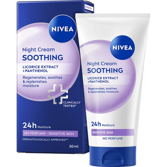 Nivea Soothing Night Cream 50 ml lugnande nattkräm med panthenol i vit tub och mörkblå kartong med lila cirkel
