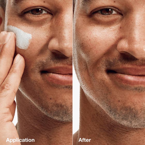 Clinique Clinique For Men Daily Hydrator 75 ml SPF 50 dagkrem viser påføring av hvit krem og et hydrert resultat.