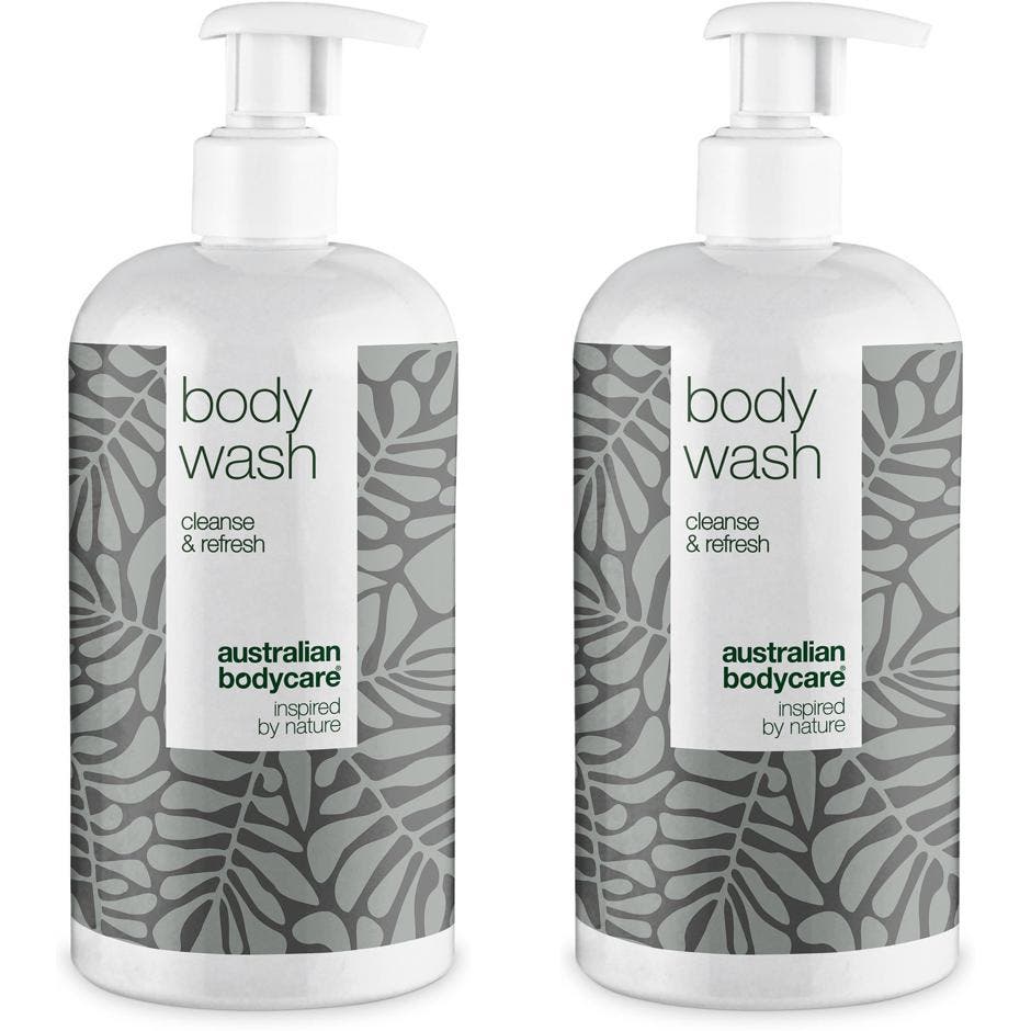 Australian Bodycare Body Wash 500ml rensende kroppssåpe i hvit pumpeflaske med grått bladmotiv