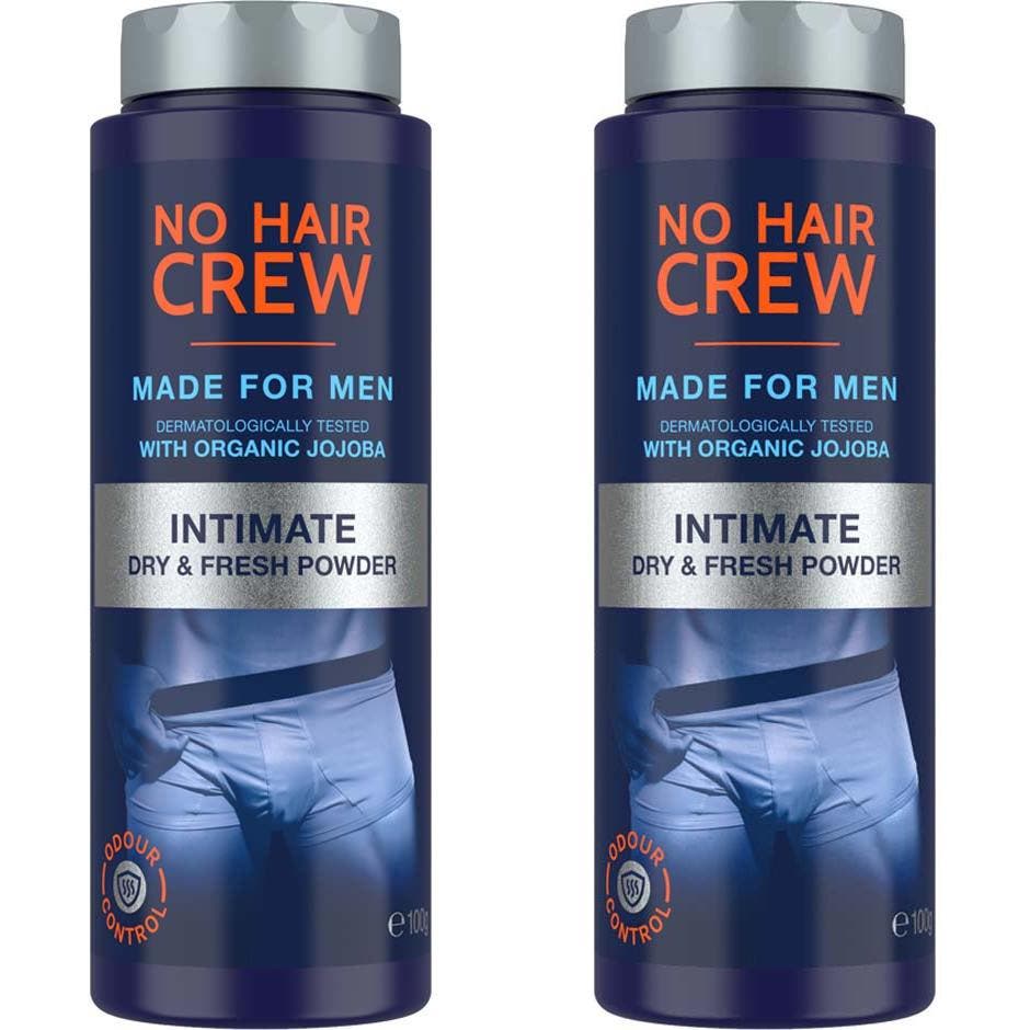 No Hair Crew Intimate Dry & Fresh Powder 100g holder huden tørr i en mørkeblå flaske med sølvfarget kork.