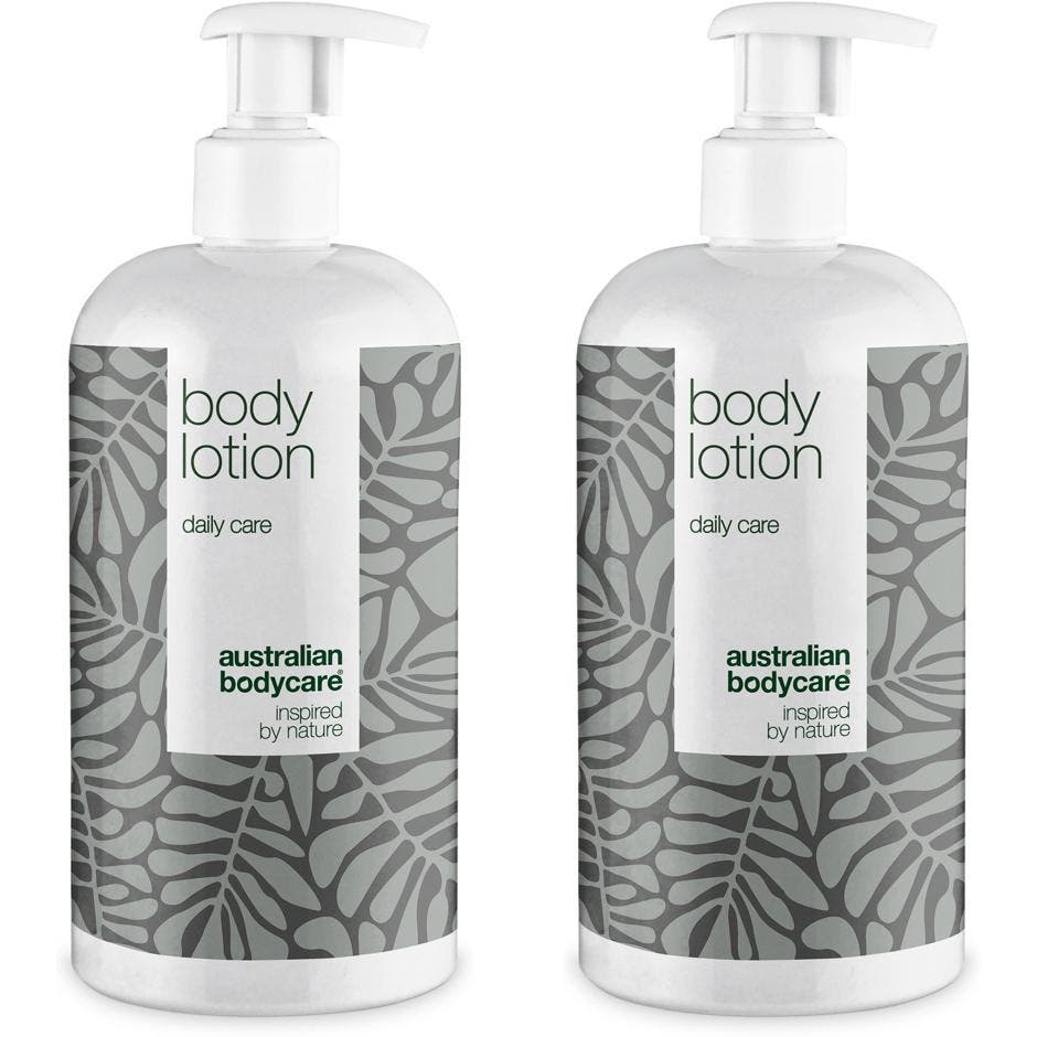 Australian Bodycare Body Lotion 500ml australisk kroppslotion för torr hud i vit pumpflaska med grått bladmönster.