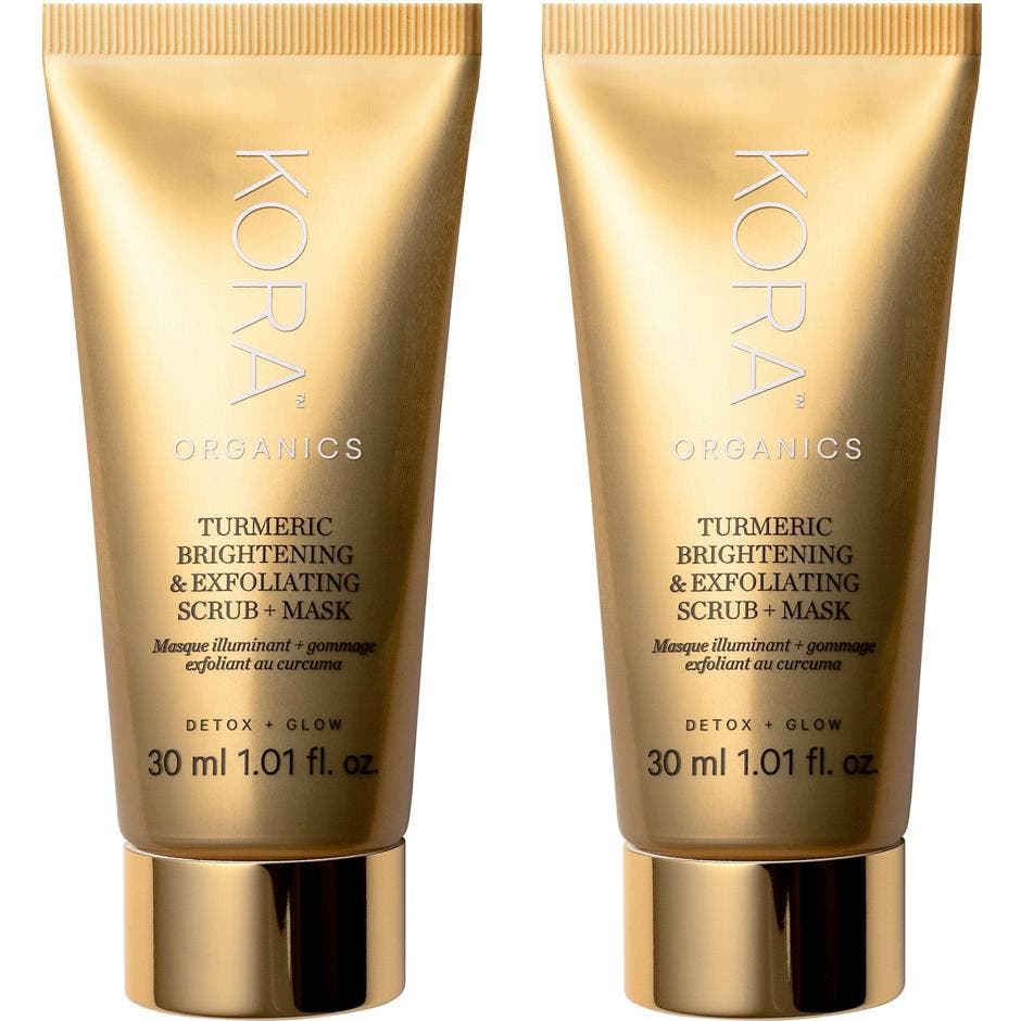 Kora Organics Turmeric Brightening & Exfoliating Scrub + Mask 30 ml lystergivande 2-i-1 exfoliering i guldfärgad tub
