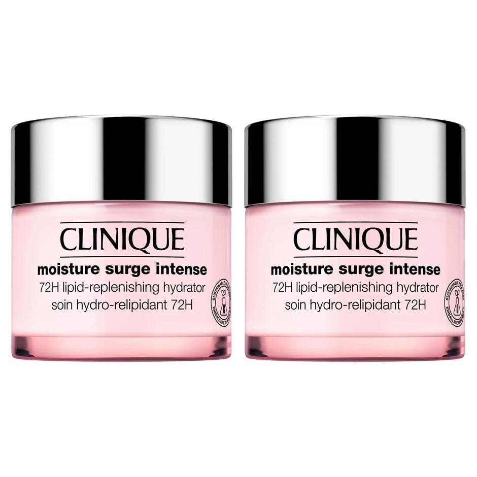 Clinique Moisture Surge Intense 72H fuktighetskrem som gir dyp fukt i en rosa glasskrukke med sølvlokk.