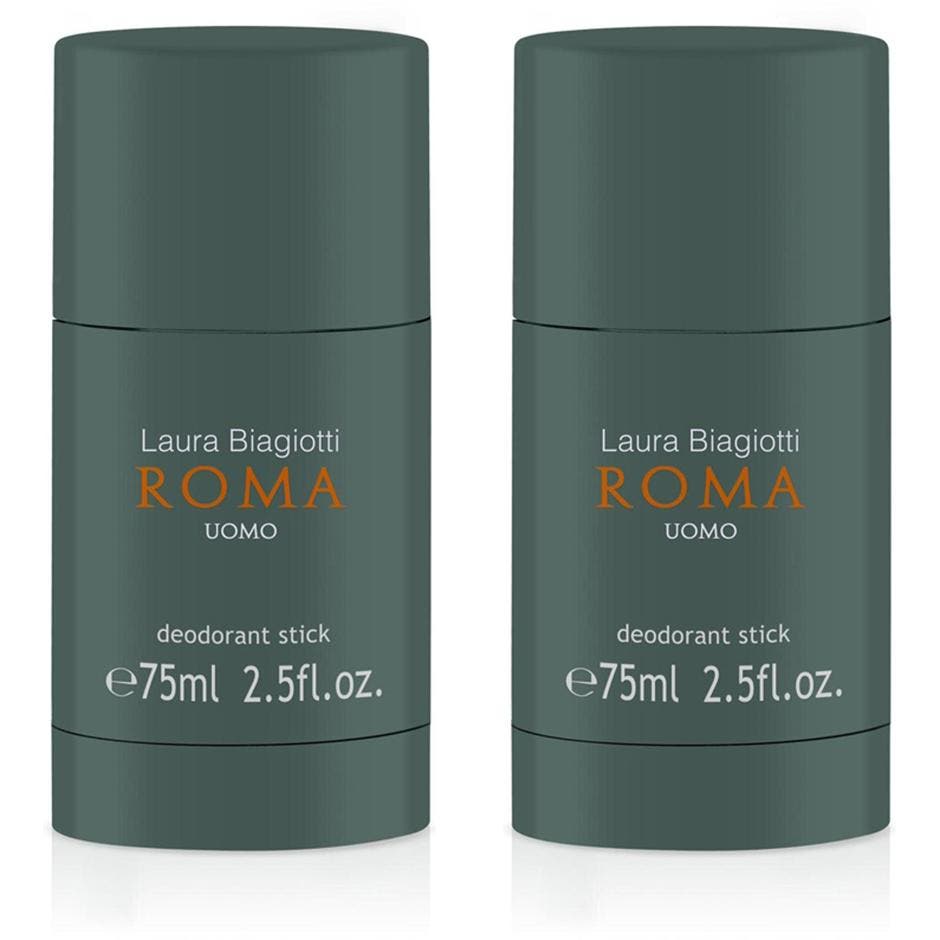 Laura Biagiotti Roma Uomo 75ml deodorant stick som gir friskhet i en matt mørkegrønn beholder med oransje detaljer