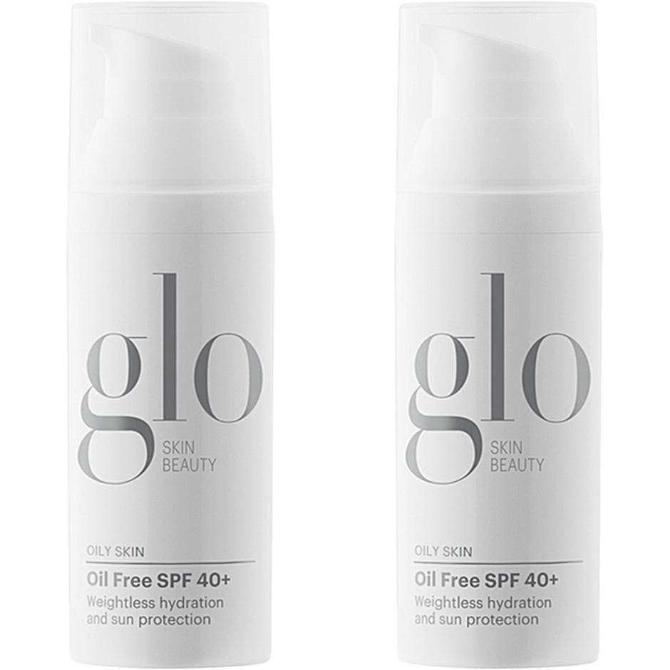 Glo Skin Beauty Oil Free SPF 40+ solbeskyttelse gir vektløs fuktighet i en hvit pumpeflaske med gjennomsiktig lokk