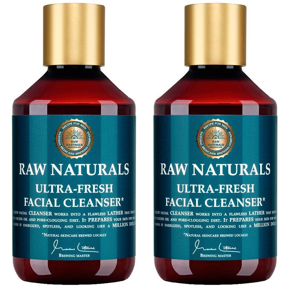 Raw Naturals Ultra-Fresh Facial Cleanser ansiktstvätt för fräsch hud i brun plastflaska med blå randig etikett och guldkork.