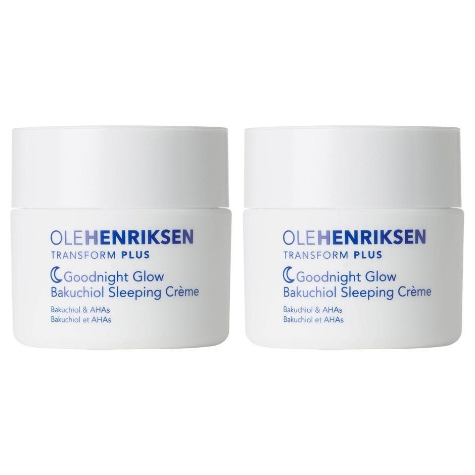 Ole Henriksen Goodnight Glow Bakuchiol Sleeping Crème nattkrem som gir glød i hvit krukke med lilla og blå skrift