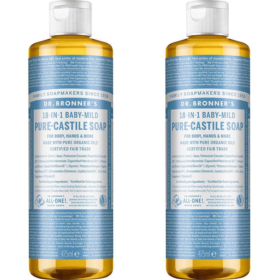 Dr. Bronner's Baby-Mild Pure-Castile Soap 475 ml gir skånsom pleie i plastflaske med lyseblå etikett og hvit kork.
