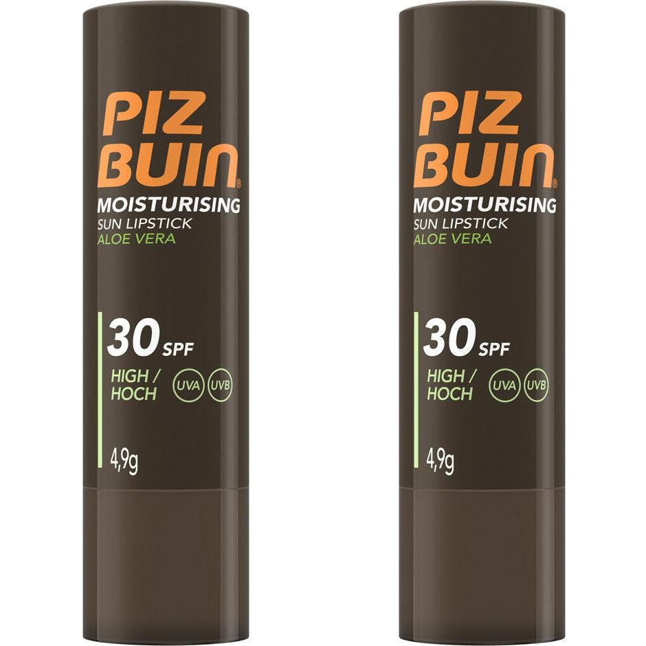 Piz Buin Moisturising Sun Lipstick 4,9g fuktighetsgivende solbeskyttelse i brun hylse med oransje logo og SPF 30