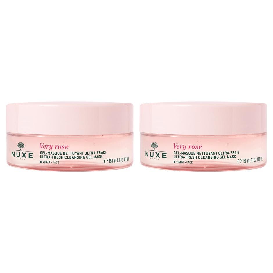 Nuxe Very Rose Ultra-Fresh Cleansing Gel Mask 150 ml rensende ansiktsmaske i en gjennomsiktig rosa krukke.