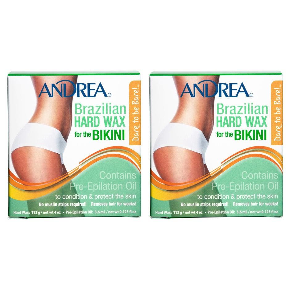 Andrea Brazilian Hard Wax 113g för hårborttagning bikini ger slät hud med hårdvax i en grönvitt mönstrad förpackning.