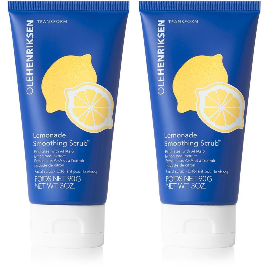 Ole Henriksen Lemonade Smoothing Scrub 90g eksfolierende ansiktsskrubb med AHA i blå tube med gul sitronillustrasjon